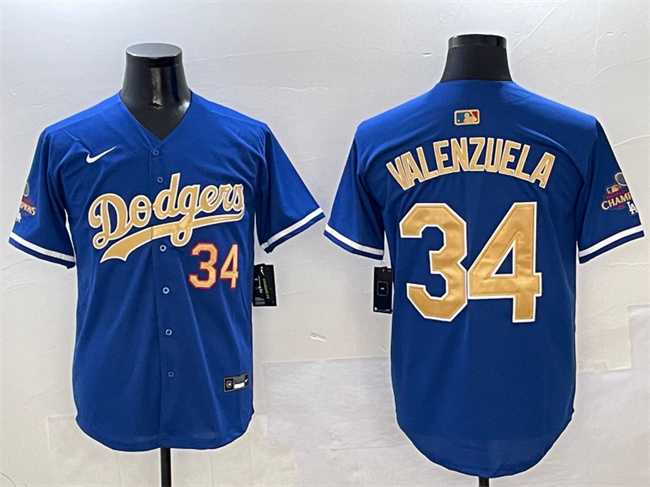 Mens Los Angeles Dodgers #34 Fernando Valenzuela Royal 2025 Gold Collection Limited Stitched Jersey